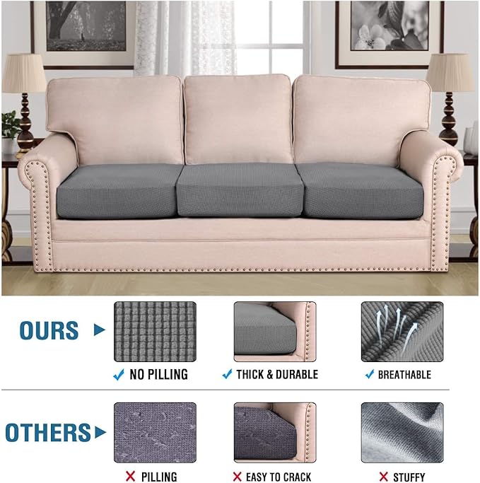 H.VERSAILTEX Super Stretch Individual Seat Cushion Covers Sofa Covers Couch Cushion Cover Slipcover Sets Thick Jacquard Textured Twill Fabric (3 Piece Sofa Cushion Covers, Grey)