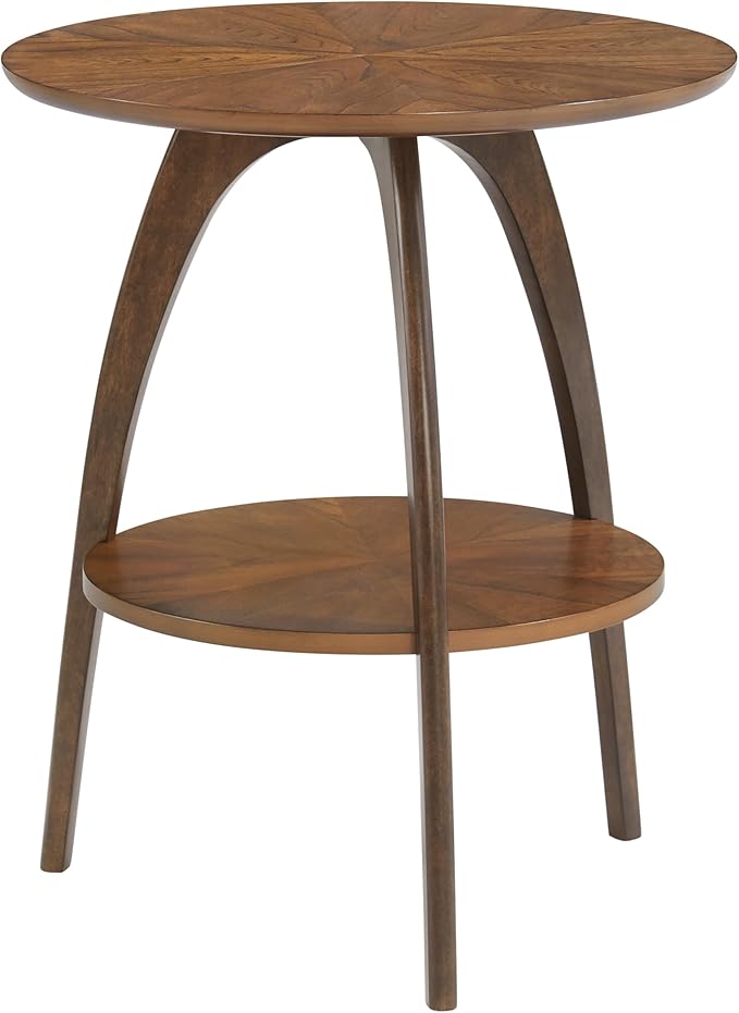 Martin Svensson Home LAX Two-Tone 20-Inch Caramel Brown Round Wood End Side Table with Walnut Legs and Shelf Storage