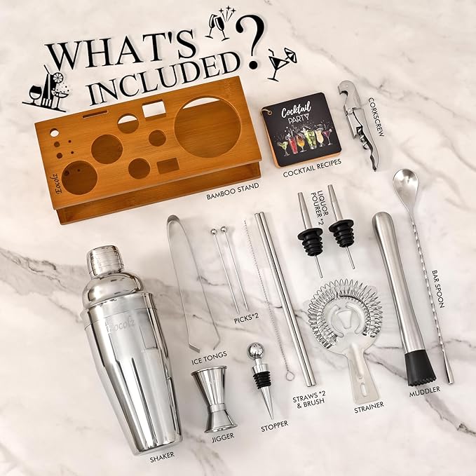 Bartender Kit Cocktail Shaker Set with Stand Bar Tool Bar Set for Drink Mixing Home Bartending Kit 17-Piece Bar Cart Accessories: Martini Shaker, Mixer Spoon, Jigger, Muddler, Strainer & Recipes Gifts