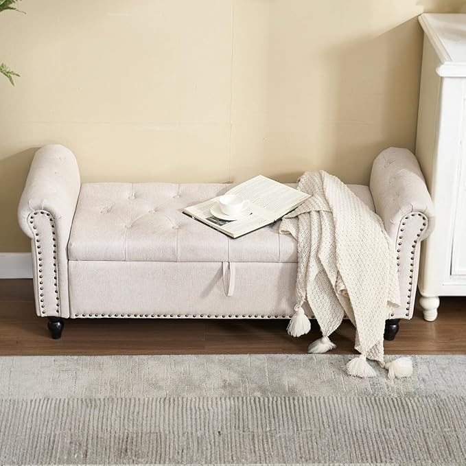 Furniliving 55” End of Bed Bench, Bedroom Bench with Button-Tufted, Large Upholstered Storage Ottoman Entryway Bench with Storage Shoe Cabinet Bench, for Bedroom, Linen, Camel
