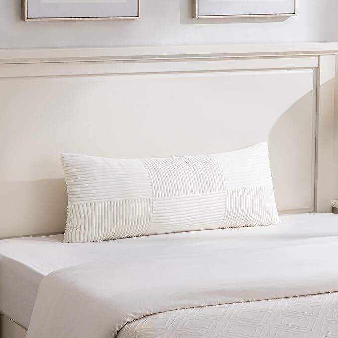 Fancy Homi Set of 2 Cream White Boho Long Lumbar Body Decorative Throw Pillow Cover 14x36 Inch for Bed Couch Bedroom Bench, Soft Patchwork Corduroy Textured Pillow Case, Rustic Farmhouse Room Décor