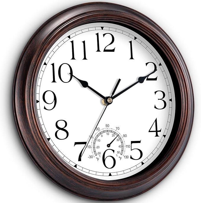 8.5 Inch Outdoor Wall Clock with Thermometers, Vintage Silent Wall Clocks Battery Operated, Retro Non-Ticking Clock Decorative for Living Room, Patio, Kitchen, Office, Bathroom, Bedroom(Bronze)