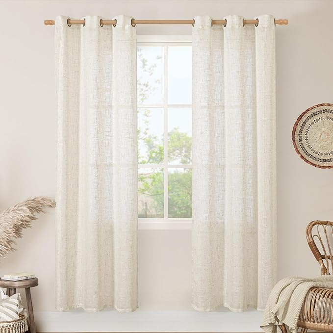 LAMIT Natural Ivory Linen Curtains for Doorway, 80 inch Length Light Filtering Semi Sheer Drapes Bronze Grommet Neutral Panels for Bedroom/Living Room, 34 x 80 Inch, 2 Panels
