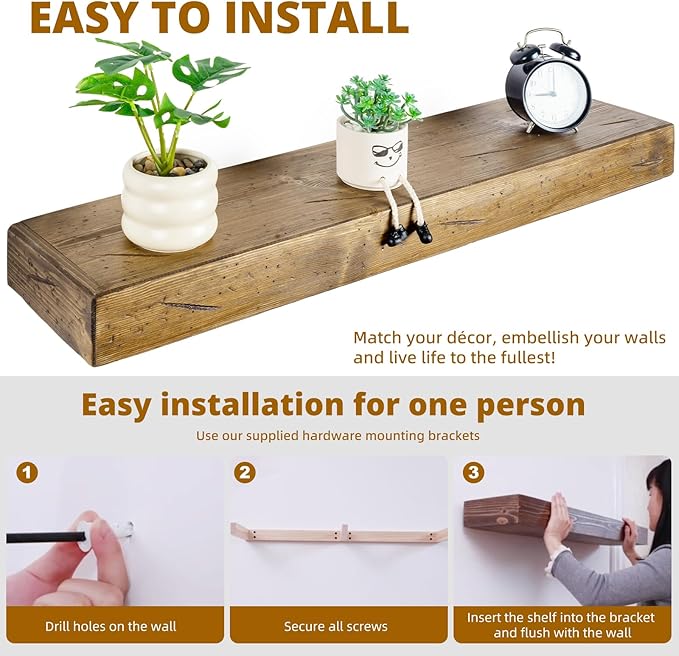 Floating Shelves 3 inch Thick for Wall Set of 2,Solid Pine Wood Wall Mount Shelf for Kitchen Living Room Bedroom Bathroom,8" D x 60" L x 3" H-Distressed Black Walnut