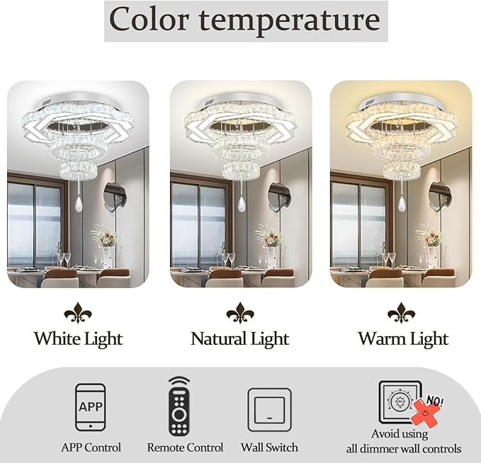 Flashing God Modern Crystal Chandeliers Dia 24" Silver Chandelier Flush Mount Ceiling Light for Bedroom Living Room Dining Room Hallway Dimmable 3 Rings LED Celing Lighting Fixtures