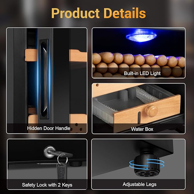 Electric Humidor for Cigars, 50L 300 Counts Large Capacity Thermostatic Desktop Humidor Cabinet with Digital LED Screen, Safety Lock,Smart Humidity & Temp Control, Gifts for Men