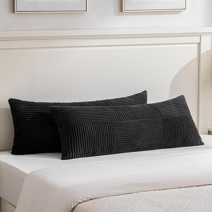 Fancy Homi Set of 2 Black Boho Long Lumbar Body Decorative Throw Pillow Cover 14x36 Inch for Bed Couch Bedroom Bench, Soft Patchwork Corduroy Textured Pillow Case, Rustic Farmhouse Room Décor