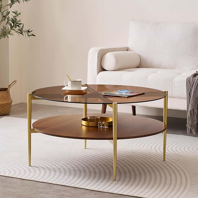Extra Large Round Coffee Table, Mid-Century Modern Design, D34 x H17 in, for Living Room, 2-Tier Structure, Amber Glass Top and Walnut MDF Shelf, Sleek Conical Metal Legs with Gold Finish