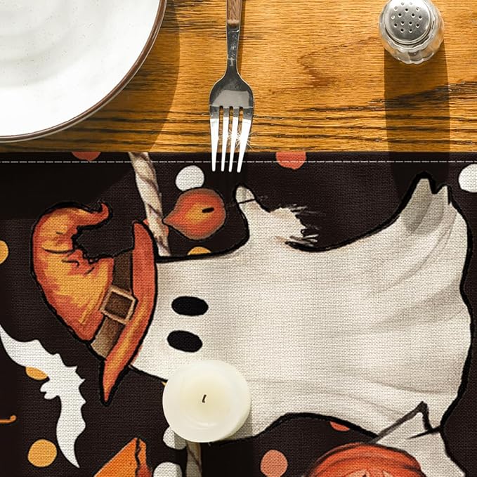 Artoid Mode Ghost Jack-O'-Lantern Black Cat Halloween Table Runner,Holiday Kitchen Dining Table Decoration for Home Party Decor 13 x 36 Inch
