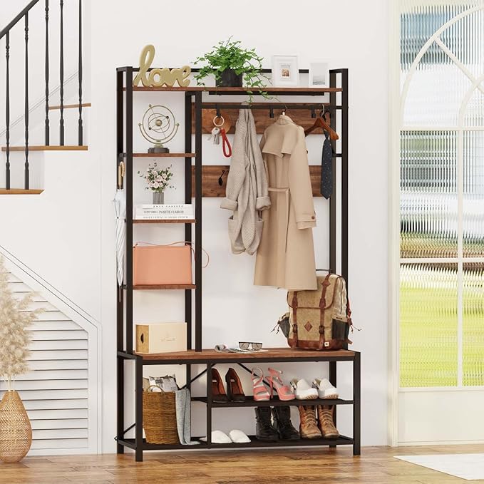 BON AUGURE Hall Tree with Shoe Storage, 5-in-1 Reversible Entryway Bench with Coat Hooks for Hallway, Rustic Wood and Metal Coat Rack with Shelves for Mudroom (Rustic Oak)