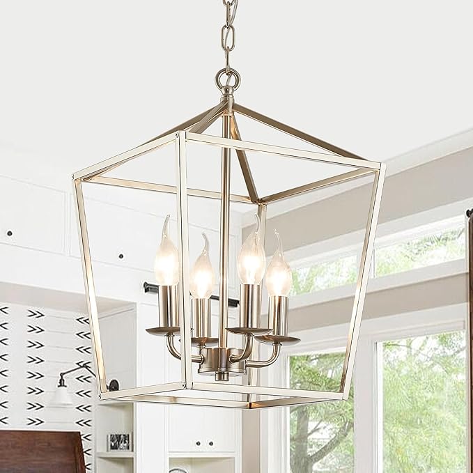 4-Light Brushed Nickel Farmhouse Chandelier, 12" Industrial Ceiling Light Lantern Pendant Light with Metal Cage Adjustable Height Rustic Hanging Light E12 Base for Kitchen Island Dining Room Entryway