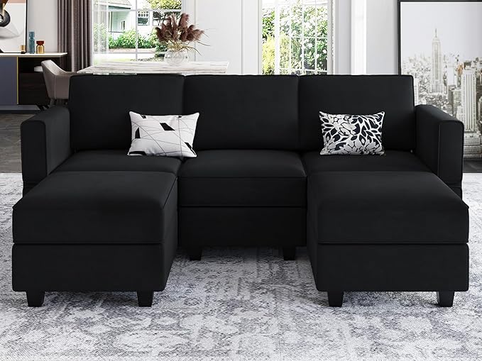 Belffin Modular Sectional Sofa with Double Chaise Velvet U Shaped Sofa Reversible Sectional Couch with Storage Black