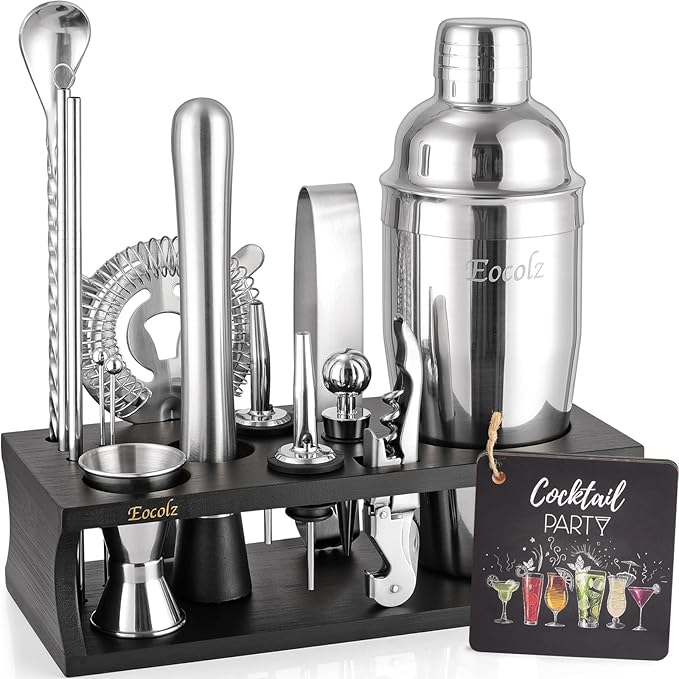 Bartender Kit Cocktail Shaker Set with Stand 17-Piece Bar Tool Bar Set for Drink Mixing Home Bartending Kit Bar Cart Accessories: Martini Shaker, Mixer Spoon, Jigger, Muddler, Strainer & Recipes Gifts