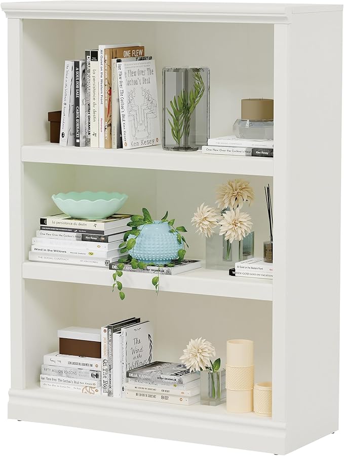 43 in Tall Bookcase, 3-Tier Bookshelf Open Storage, 33 inch Wide Floor Standing Indoor Furniture, Book Cases for Home School Library Office Bedroom Kids, White 3 Tiers