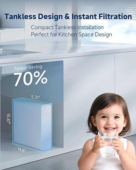 Ecoviva Tankless Reverse Osmosis Water Filter, NSF/ANSI 58 Certified, 8 Stage Under Sink RO Water Filtration System, 600 GPD Fast Flow, 2.5:1 Pure to Drain, Reduces PFAS, White