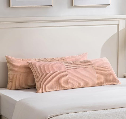 Fancy Homi Set of 2 Peach Boho Long Lumbar Body Decorative Throw Pillow Cover 14x36 Inch for Bed Couch Bedroom Bench, Soft Patchwork Corduroy Textured Pillow Case, Rustic Farmhouse Room Décor