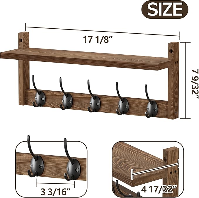 AMBIRD Wall Hooks with Shelf - Wooden Entryway Organizer with 5 Dual Hooks, Retro Wall-Mounted Coat Hook Rack for Bathroom, Living Room, Bedroom (17.12 Inch)