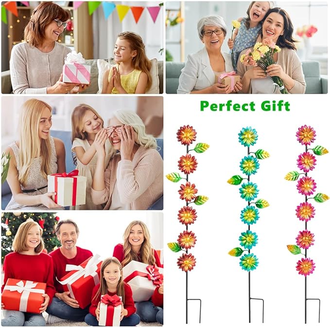 3Pack Flowers Decorative Garden Stakes,Spring Outdoor Metal Flowers Decorations,Metal Yard Art for Outside Patio Porch Decor（22.6 * 5.1IN）