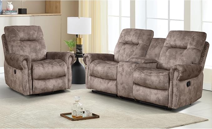 EBELLO 2 Pieces Reclining Couch Furniture Set for Living Room, 1 Seat Power Recliner Chair and a Manual Loveseat with Center Console, Hidden Storage and Cup Holders, Brown