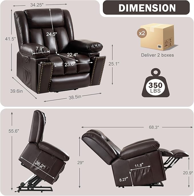 Electric Power Lift Recliner Chair for Elderly with Heat & Massage, Large Breathable Leather Reclining Chairs w/2 Concealed Cup Holders for Seniors Home Living Room,Bedroom,1PC,Brown