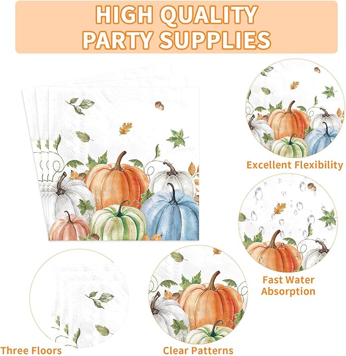 Grencian 200Pcs Fall Plates and Napkins Square Autumn Pumpkin Plates Thanksgiving Paper Platter Tableware Sets for Thanksgiving Harvest Party Decorations, Serves 50