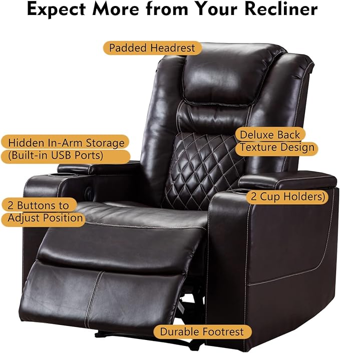 CANMOV Electric Power Recliner Chair with USB Ports and Cup Holders, Breathable Leather Home Theater Seating with Hidden Arm Storage (Brown)
