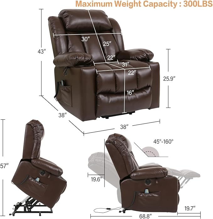 Power Lift Recliner Chair for Elderly Breathable Leather Recliner Chair with Massage and Heat for People Limited Mobility,2 Cup Holders,Electric Stand Assist,USB Ports,Gifts for Family (Brown)