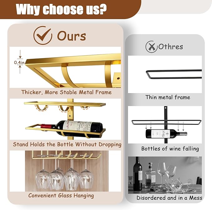 8 Bottle Wall Mount Wine Rack with Wine Glass Holder, Metal Wine Wall Rack, Wall Racks for Wine Bottles Display and Storage, Hanging Bottle Organizer for Living Dining Room Wine Cellar Bar (Gold)