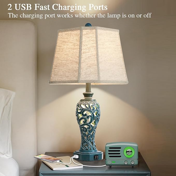 25'' Farmhouse Table Lamps Set of 2 for Living Room Bedroom, 2 USB Ports Coastal Vintage Table Lamp with Nightlight, Blue Green Hollow Out Resin Lamp for End Table (Bulbs Included)