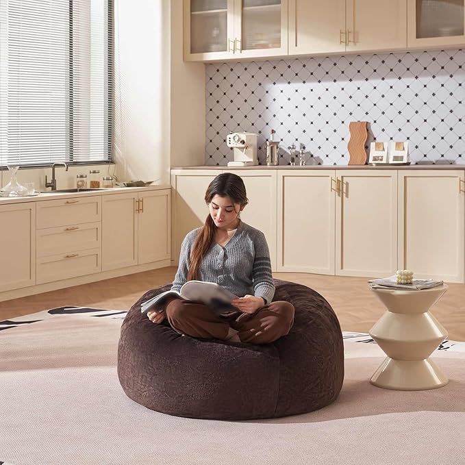 Bean Bag Chair 3Ft, Memory Foam Filled, Large Beanbag Chairs for Adults and Teens, Soft Sofa with Removable Flannel Cover, Round Couch for Living Room Bedroom College Dorm (Brown, 3FT-36×36"×24")