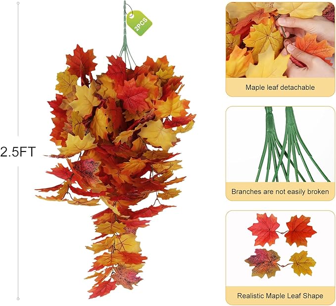 Fall Maple Leaf Hanging Plants Artificial Autumn Leaves Vines Outdoor Autumn Outdoor Decor, Artificial Fall Maple Leaves, Hanging Plants for Autumn Harvest Festival, Fake Plants Indoor(Yellow)