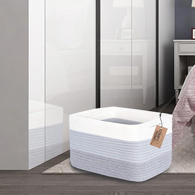 COMFY-HOMI Cotton Rope Woven Basket with Handles for Shelves,Toys,Book, Cloth Storage Baskets Bin for Organizing-13.5"x11"x9.5" Toy Decorative Organizer for Living Room, Bathroom-White/3Tone Grey