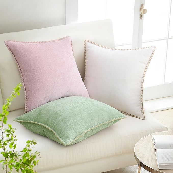 decorUhome Chenille Soft Throw Pillow Covers 26x26 Set of 2, Farmhouse Velvet Neutral Decorative Euro Pillow Covers with Stitched Edge for Couch Sofa Bed Home Decor, Cream White