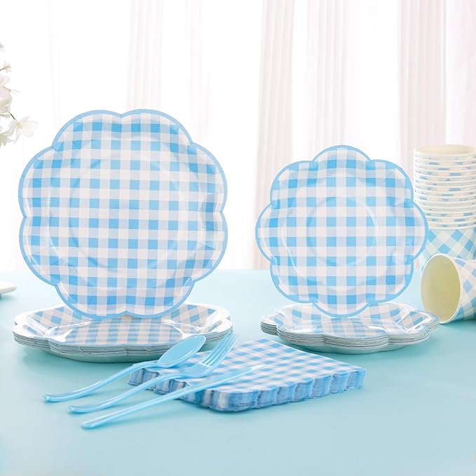 350 Pcs Blue Gingham Plates and Napkins Party Supplies - Blue and White Checkered Plates Sets Serve 50 Guests - Scalloped Gingham Paper Plate for Birthday Dinner Wedding Baby Shower Party Decorations