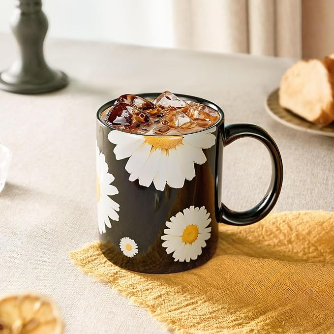 12Oz Daisy floral Black Ceramic Mug, Mug for Daily Coffee and Tea, Lead-free Microwave and Dishwasher Safe Coffee Mug, Perfect gifts for Women and men