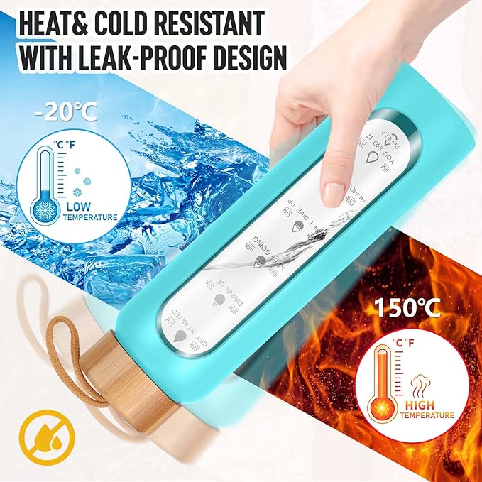 Aqulea Glass Water Bottles 32 Oz with Silicone Sleeve - BPA Free Reusable Wide Mouth Glass Motivational Water Bottles with Fruit Infuser – Leak Proof Borosilicate Water Bottle with Time Marker (Teal)