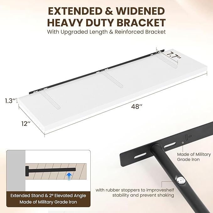 48" Floating Shelves for Wall, 12" Deep Slim White Floating Shelves, Wall-Mounted Shelves for Bedroom, Living Room, Kitchen, Bathroom - Set of 2