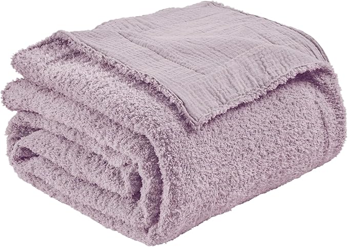 EMME Muslin and Fleece Twin Blanket Reversible - 60"*80" Lavender Soft Warm Throw Blankets for Couch Bed Picnic Travel Bed
