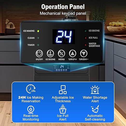 Commercial Ice Maker Machine 100 LBS/24H, 36 Ice Trays Freestanding & Undercounter Ice Machine Stainless Steel with 20 LBS Ice Storage Capacity, Ice Maker with Water Line, Dual Water Inlet, Black