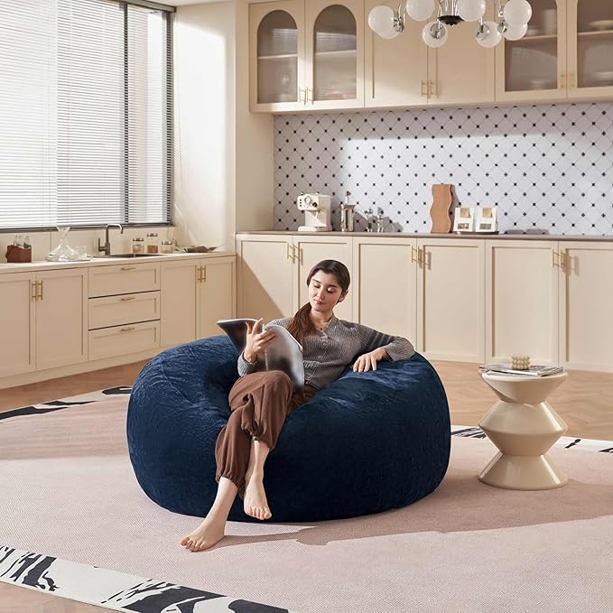 Bean Bag Chair 4Ft, Memory Foam Filled, Large Beanbag Chairs for Adults and Teens, Soft Sofa with Removable Flannel Cover, Round Couch for Living Room Bedroom College Dorm (Blue, 4FT-47×47"×24")