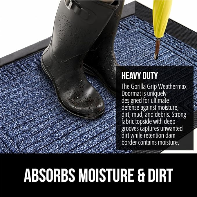 GORILLA GRIP 100% Waterproof All-Season WeatherMax Doormat, 47x35, US Designed Natural Rubber, Stain and Fade Resistant, Low Profile Indoor Outdoor Door Mats, Easy Clean Patio Mat, Navy Greek Keys