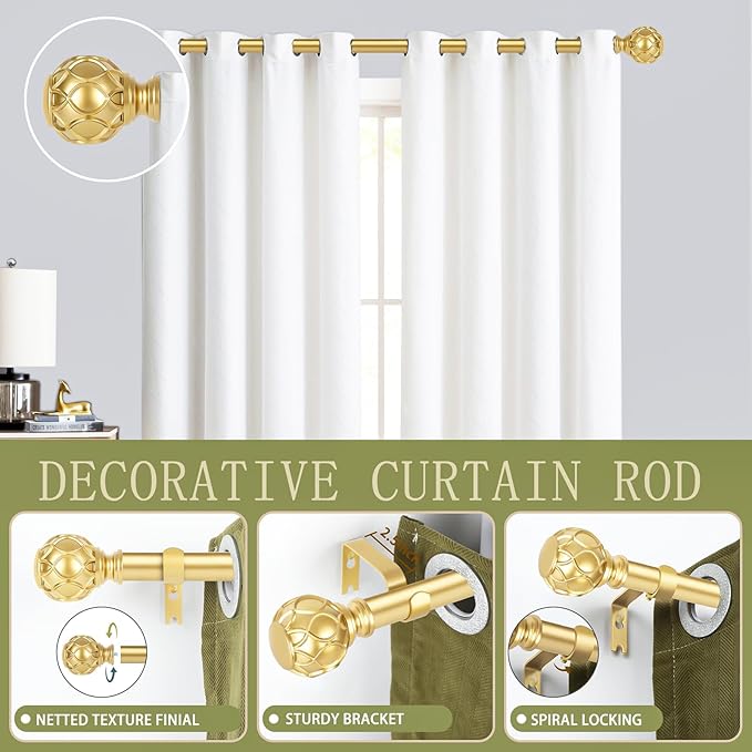 Gold Adjustable Curtain Rods for Windows:Farmhouse Heavy Duty Curtain Rod for Bedroom Living Room,Boho Decorative Rustic Drapery Rod with Vintage Coastal Texture Finial,Brass Gold 2Pack 36-88"