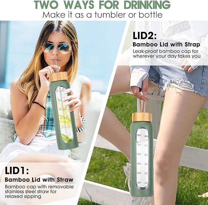 32 oz Glass Water Bottle with Straw - Motivational Time Marker & Silicone Sleeve - Reusable Tumbler Includes 2 Bamboo Lids & Fruit Infuser - 1 Pack