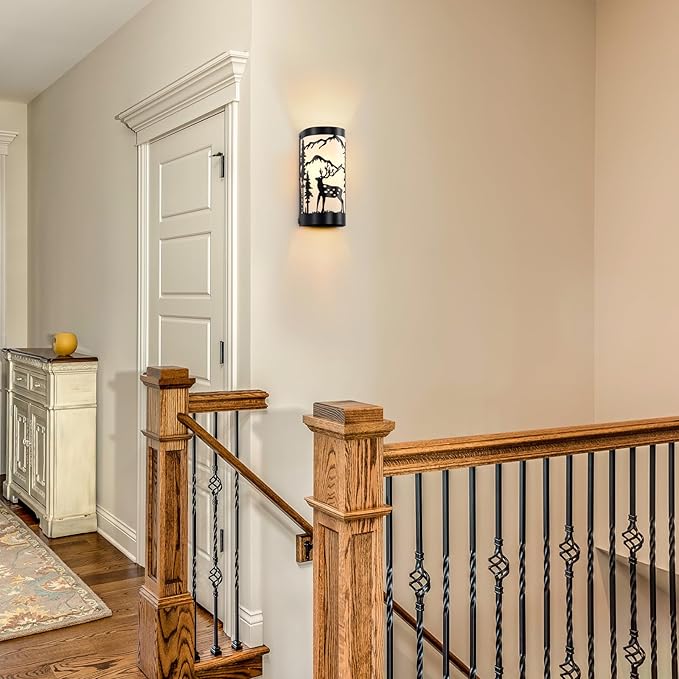 Black Wall Sconces Set of Two,Deer Metal Cream Parchment Rustic Wall Sconces,Farmhouse Indoor Wall Light Fixtures,Industrial Matte Sconce Light,Wall Lamps for Bedroom,Living Room,Hallway