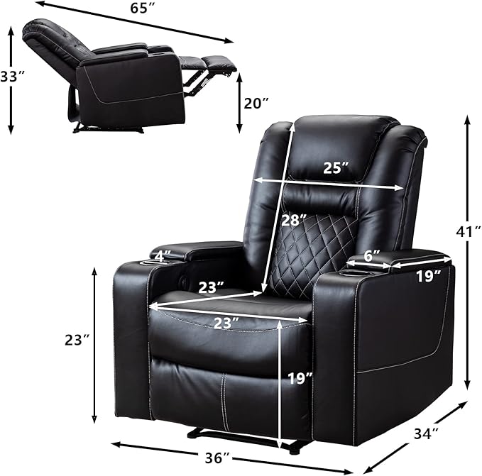 CANMOV Electric Power Recliner Chair with USB Ports and Cup Holders, Breathable Leather Home Theater Seating with Hidden Arm Storage (Black)