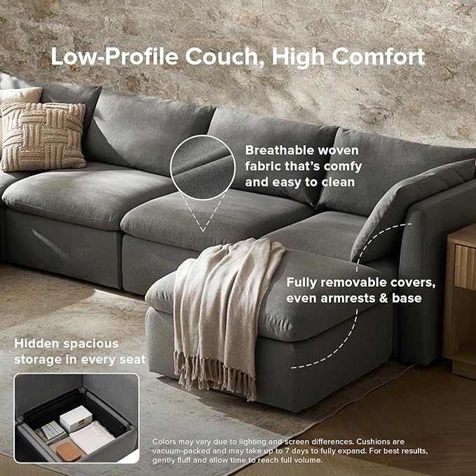 mopio Oversized Modular Sectional Sofa with Fully Removable Covers and Storage, Convertible U, L-Shaped and Sleeper Sectional, Modern Couches with Ottoman Chaise (Stone Gray Fabric, 7 Seats, U)