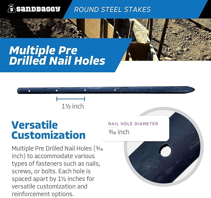 Sandbaggy Round Steel Concrete Form Stakes with Nail Holes - Rust Resistant Coating - Removable, Reusable (50, 3/4 in X 18 in)