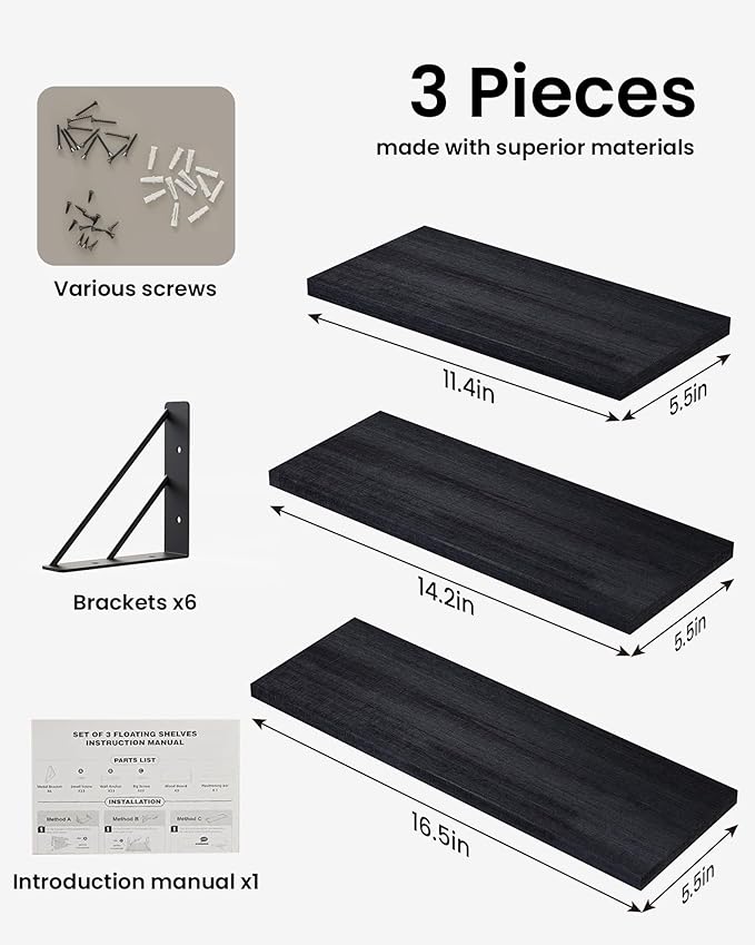 BAYKA Wall Shelves for Bedroom Decor, Floating Wall Shelves for Living Room Kitchen Storage, Wall Mounted Rustic Wood Floating Shelves for Kids Books, Corner Shelves for Bathroom, Office(Set of 3)