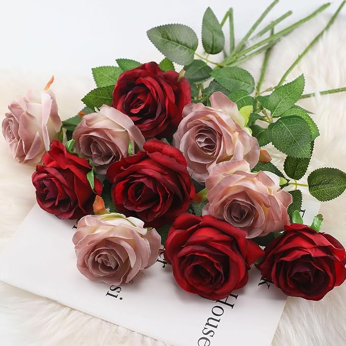 Burgundy Fake Roses Artificial Flowers - 16 Pcs Fake Artificial Roses Silk Flowers with Stems for Home Wedding Hotel Office Centerpiece Decor（Burgundy）