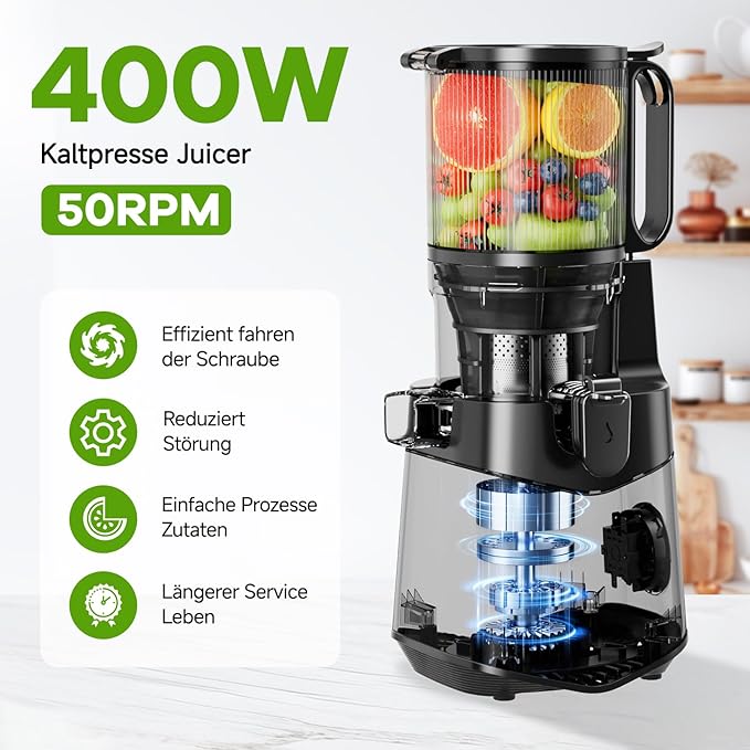 Cold Press Juicer, 5.3" Wide Feed Chute Juice Extractor Machine with 400W, High Juice Yield, Slow Masticating Juicer for Whole Vegetables & Fruits, Deep Grey